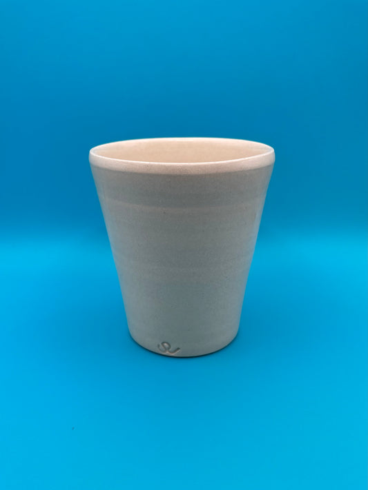 Front view of hand-thrown Non Paper Cup with logo, made from stoneware clay and glazed with transparent gloss